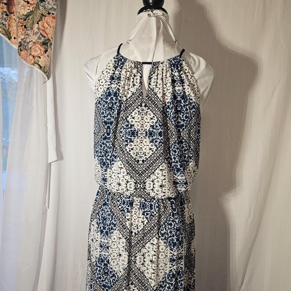 London Times Boho Maxi Dress Sleeveless Size 12 Blue / Black/ White - Picture 4 of 9